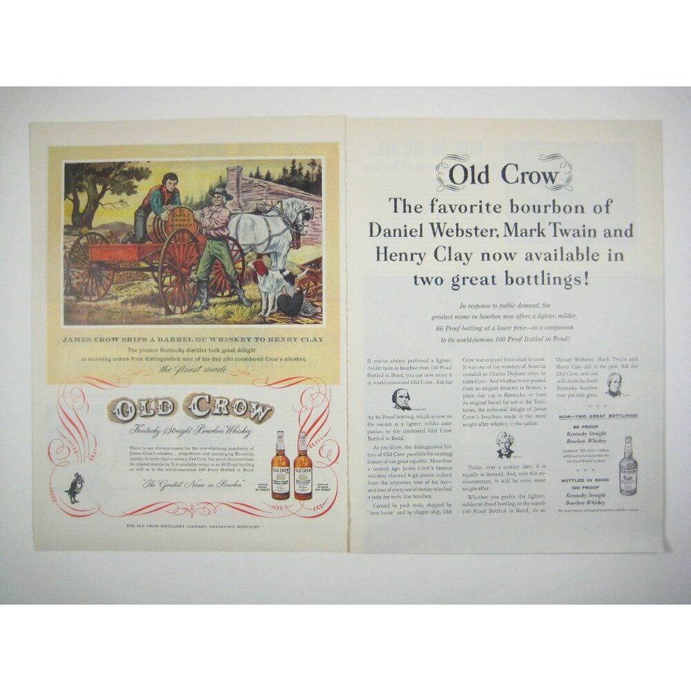 Vintage Old Crow Whiskey 2 Page Print Ad Horse Wagon Kentucky Franfort AD
